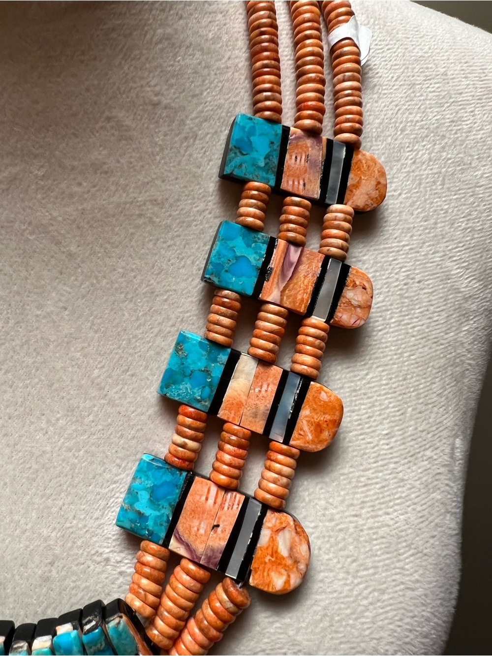 Three Strand Spiny Oyster Turquoise Mosaic Inlay Bib Necklace Delbert Crespin - Picture 4 of 11